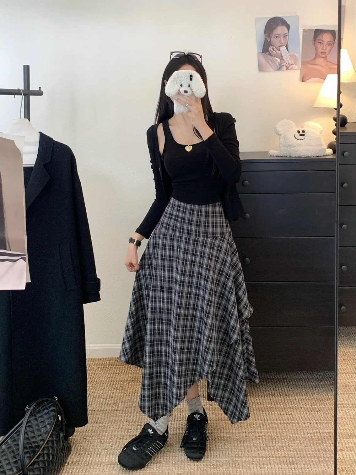 Gonna longuette a vita alta scozzese irregolare vintage da donna Y2K Slim Harajuku stile britannico gonna a trapezio autunno ufficio abbinamento versatile