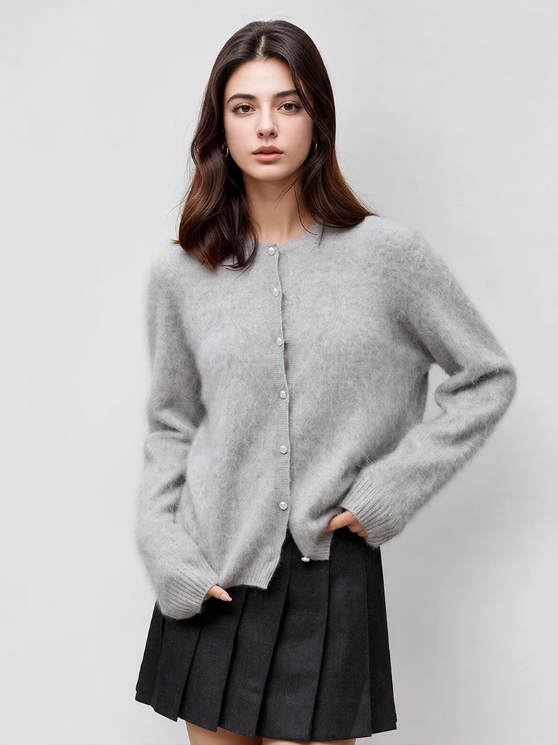 SuyaDream, Women Fuzzy Brushed Wool Cardigan, Round Neck Metal Button Knit Sweater Coat, Autumn Winter Long Hair Knit Outerwear