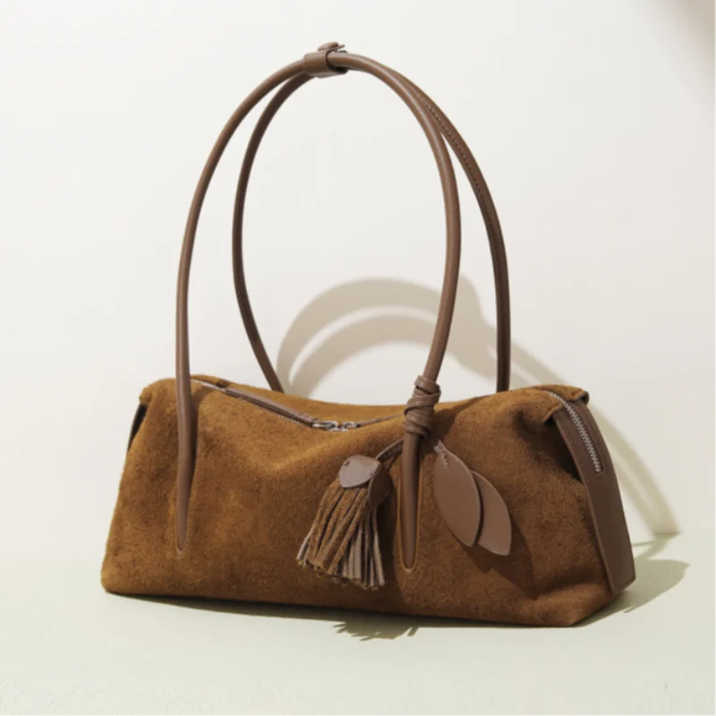 

Роскошная винтажная матовая сумка подмышки, высококачественная сумка из воловьей кожи для отдыха, пригородная сумка на плечо с двойным ремешком, сумка на молнии с подвеской