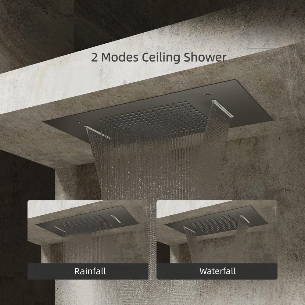 Bathroom Embedded Shower System Set with Thermostatic Luxury Rainfall Black Ceiling Showerhead Set Complete Digital Display Jet