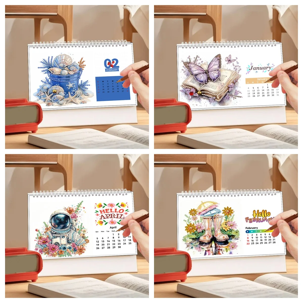 مجموعة من تقويم 2026، 13 لوحة ماسية، تقويم مصنوع يدويًا بحروف إنجليزية لعيد الميلاد بنمط الأزهار