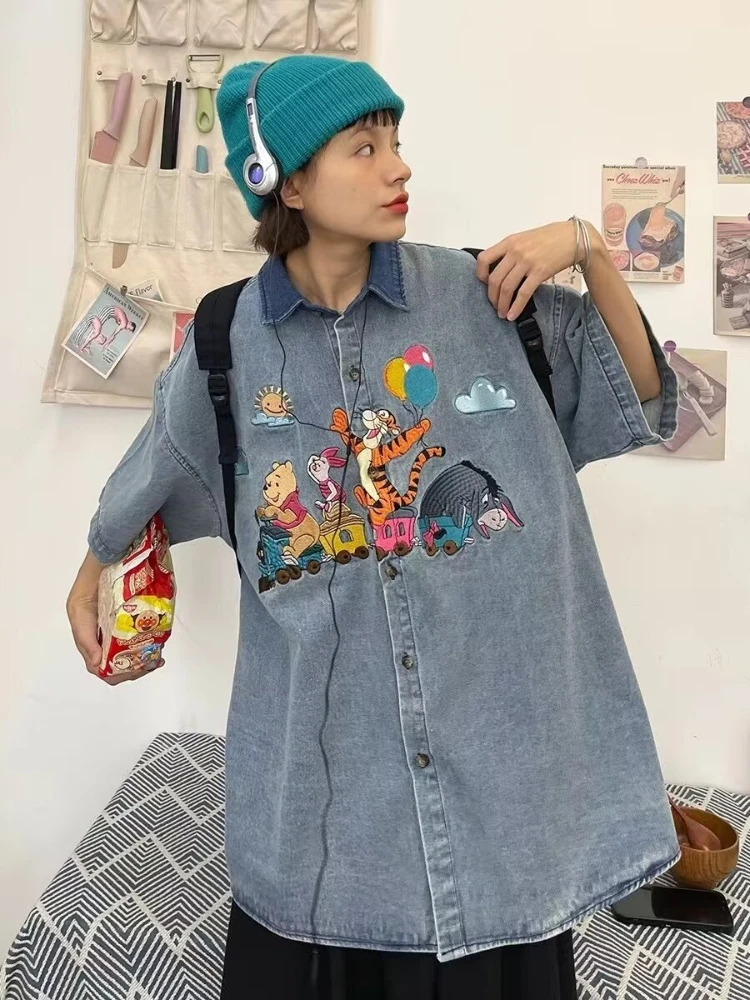 Cartoon Embroidery Wash Denim Short Sleeve Shirt Women Summer Japanese Retro Lapel Half Sleeve Shirts Fashion Loose Casual Tops