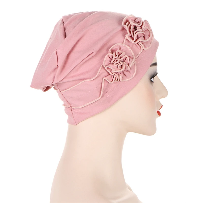 Gorro turbante de 2 flores para mujer, Hijab musulmán, para la cabeza cubierta suave, Bandanas de Color sólido para la India, gorro de quimio contra el cáncer