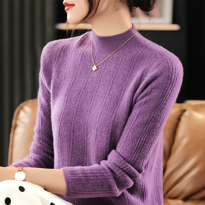 

Fashion 100% Wool Sweater Women's Semi-high-necked Cashmere Pullover Autumn And Winter Long-sleeved Pullover Clothing Jac