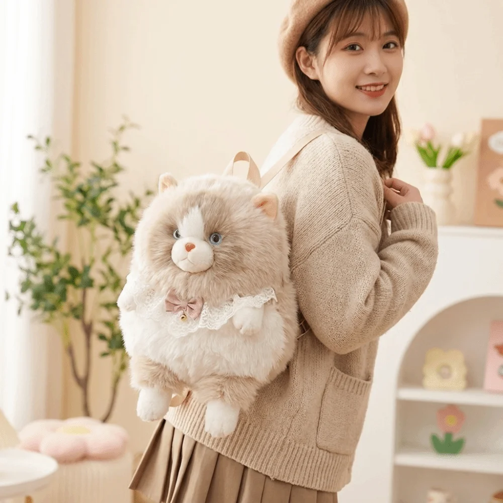 Cute Soft Fluffy Cat Backpack Polyester Lining 3D Rucksack Large Capacity Realistic Shoulder Bag Travel