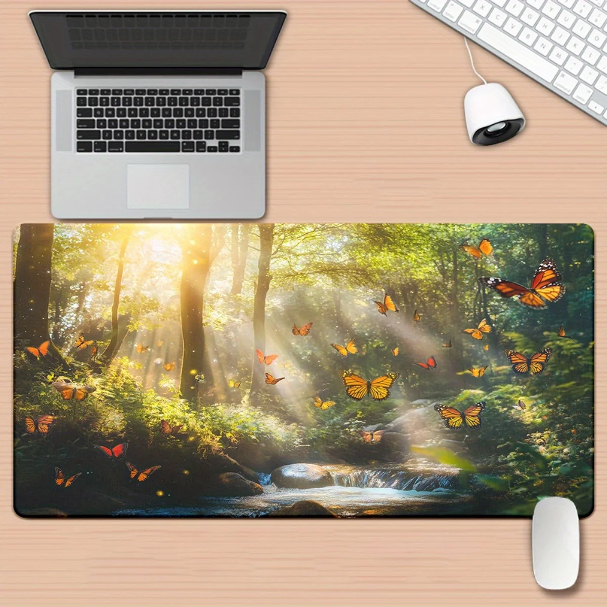 

1pc XXL Lush Forest Light HD Printed Desk Pad - Multi-Functional Gaming & Office Mousepad with Vibrant Butterfly & Sunlight Desi