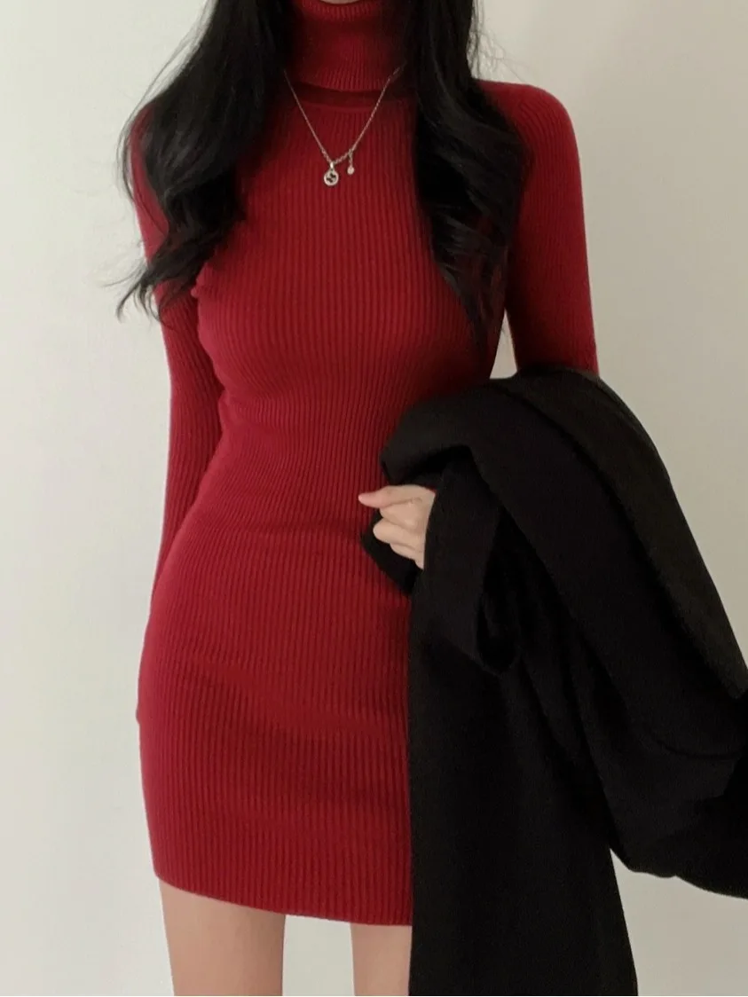 Chique outono inverno alta ne malha envoltório bodycon dr feminino simples elegância emagrecimento camisola ort saia camada base dr