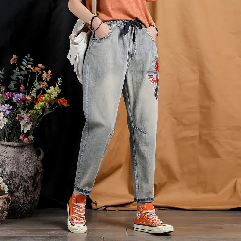 

Summer 2023 Women's Loose Casual High Waist Nine-Piece Jeans Elastic Waist plus Size Trendy plus Sister Comfortable All-Match