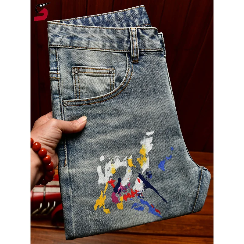

Мужские джинсы с принтом «брызги краски» Весна-Лето 2026, облегающие рваные джинсовые брюки, модные повседневные длинные брюки в уличном стиле
