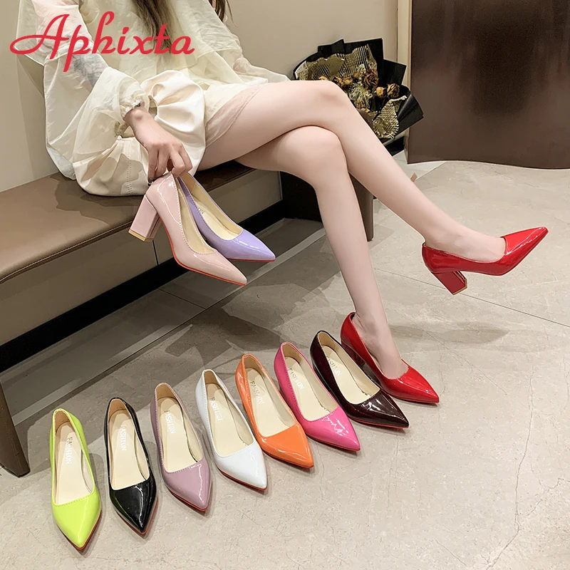 Aphixta Plus Size 35-53 Hot Sale 2.75Inch Square Heel Patent Leather Shoes Women Pumps Red Sole Work Pointed Toe