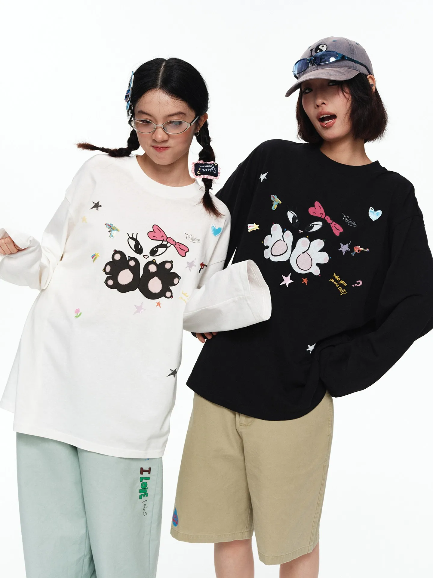 TIPSEVEN Early Autumn Graffiti Star Heart Print Long Sleeve Loose Slimming Black Base Shirt Cotton Casual Women's T-shirt