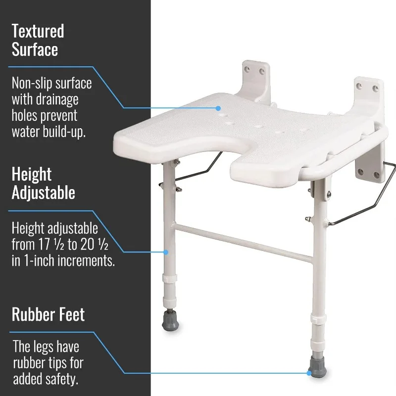 Wall Mount Fold Away Bath Chair Shower Seat Bench with Adjustable Legs, FSA and HSA Eligible, Seat 16 X 16 Inches, White