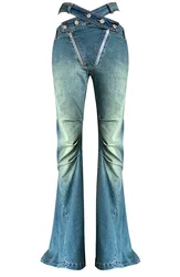 Women's Gothic Style Denim Pants, Hollowed Out High Waisted Spiral Placket Jeans, Big Flared Trousers