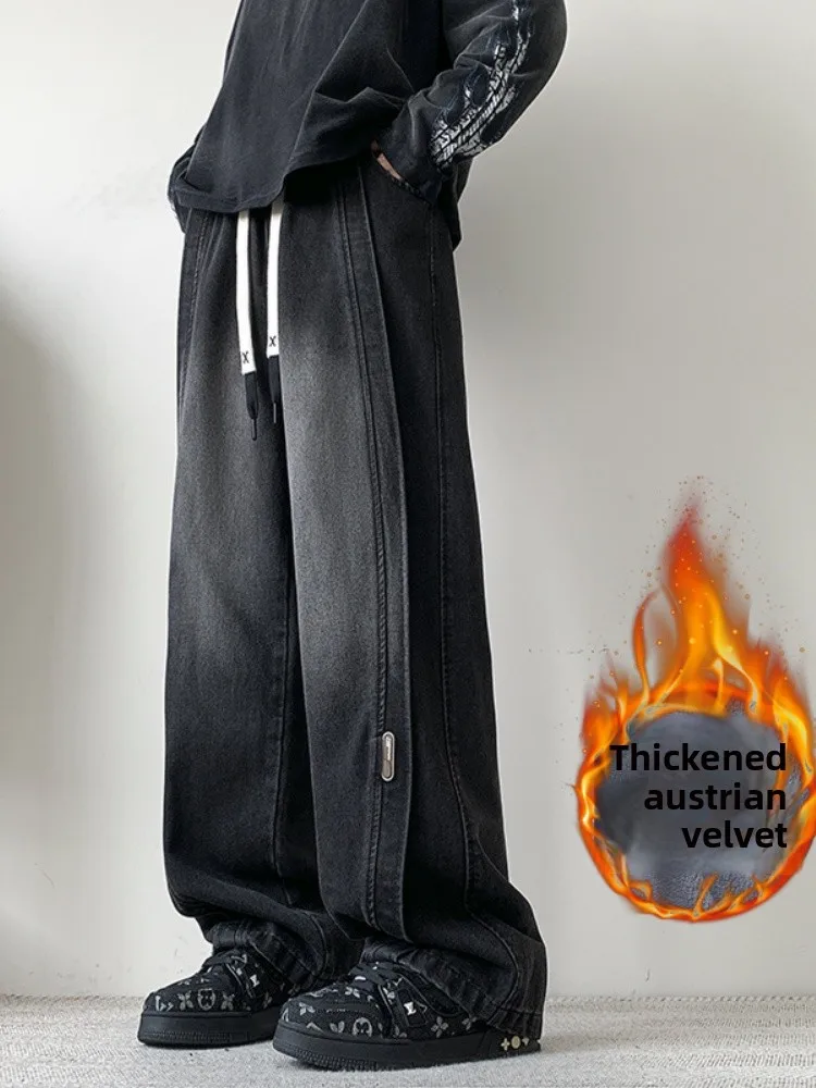 

Мужские зимние утепленные джинсы в американском ретро-стиле, прямые широкие брюки, модные брендовые штаны-клеш