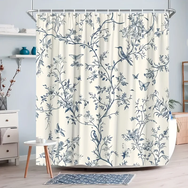 Elegant Botanical Blue Bird Floral Shower Curtain Bathroom Decor Waterproof Curtain for Modern Home Bathroom Shower Curtain