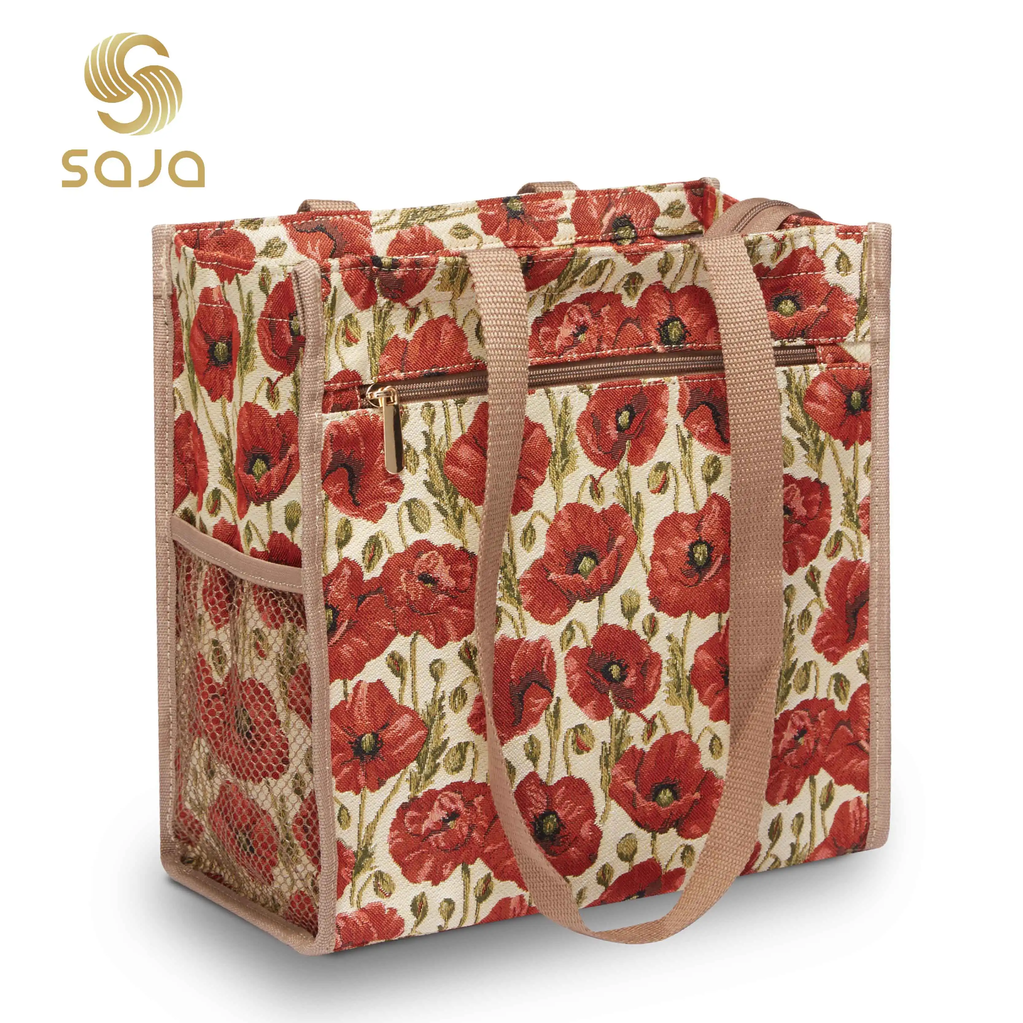 SAJA Lady Tote กระเป๋าช้อปปิ้งสำหรับสุภาพสตรี กระเป๋าสะพายขนาดใหญ่ กระเป๋า Crossbody ลายดอกป๊อปปี้สีแดง กระเป๋าชายหาดสำหรับสุภาพสตรี Eco กระเป๋าซิปปิดผ้า Jacquard ด้านใน