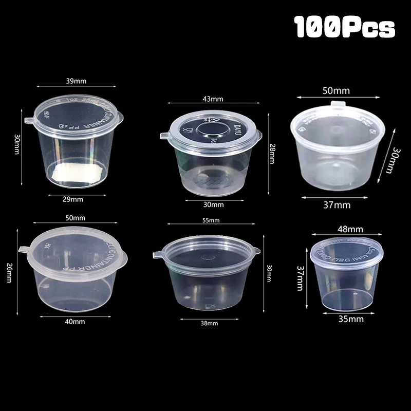 100Pcs Mini Plastic Packing Box 20-40ML Disposable Sauce Cup Round Clear Food Condiments Storage Container Box Kitchen Organizer