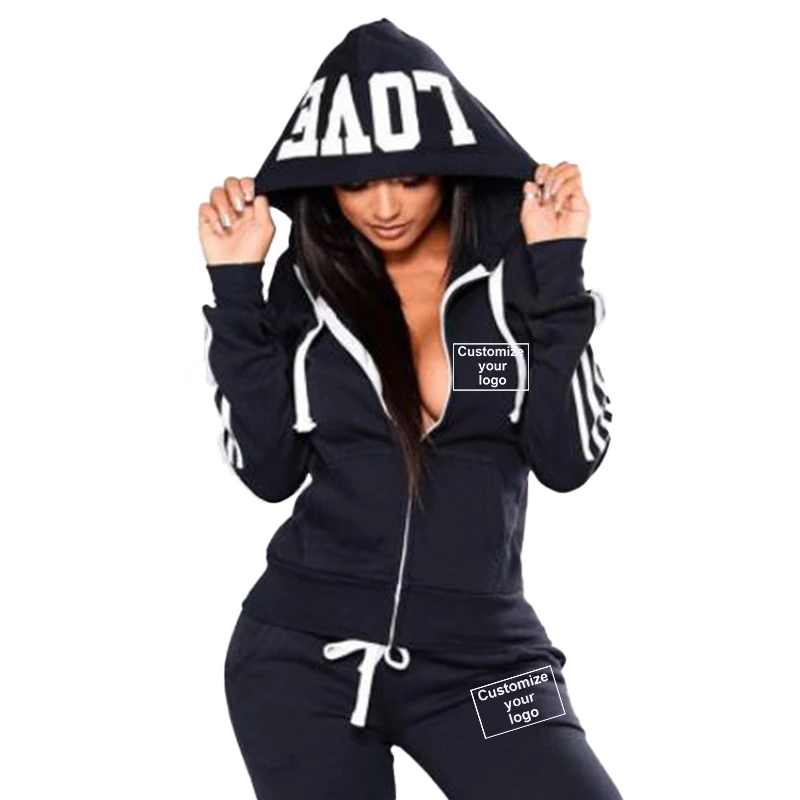 Customized Women's Sports Set Three Stripe Hoodie Two Piece Set Customized Your Logo Zipper Hoodie+Sweatpants Sports Jogging Set