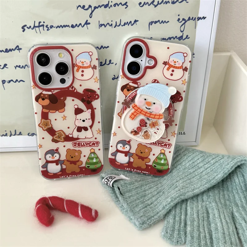 Linda bufanda navideña muñeco de nieve oso Magsafe funda de carga inalámbrica para iPhone 13 14 15 16 Pro Max sombrero de muñeco de nieve agitar soporte magnético