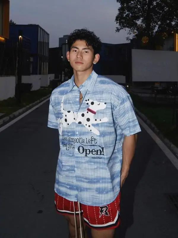 

2024 New Summer Men's Casual Loose Short-sleeved Shirt Vacation Beach Shirt Niche Cartoon Cute Single-breasted Male Shirt Top