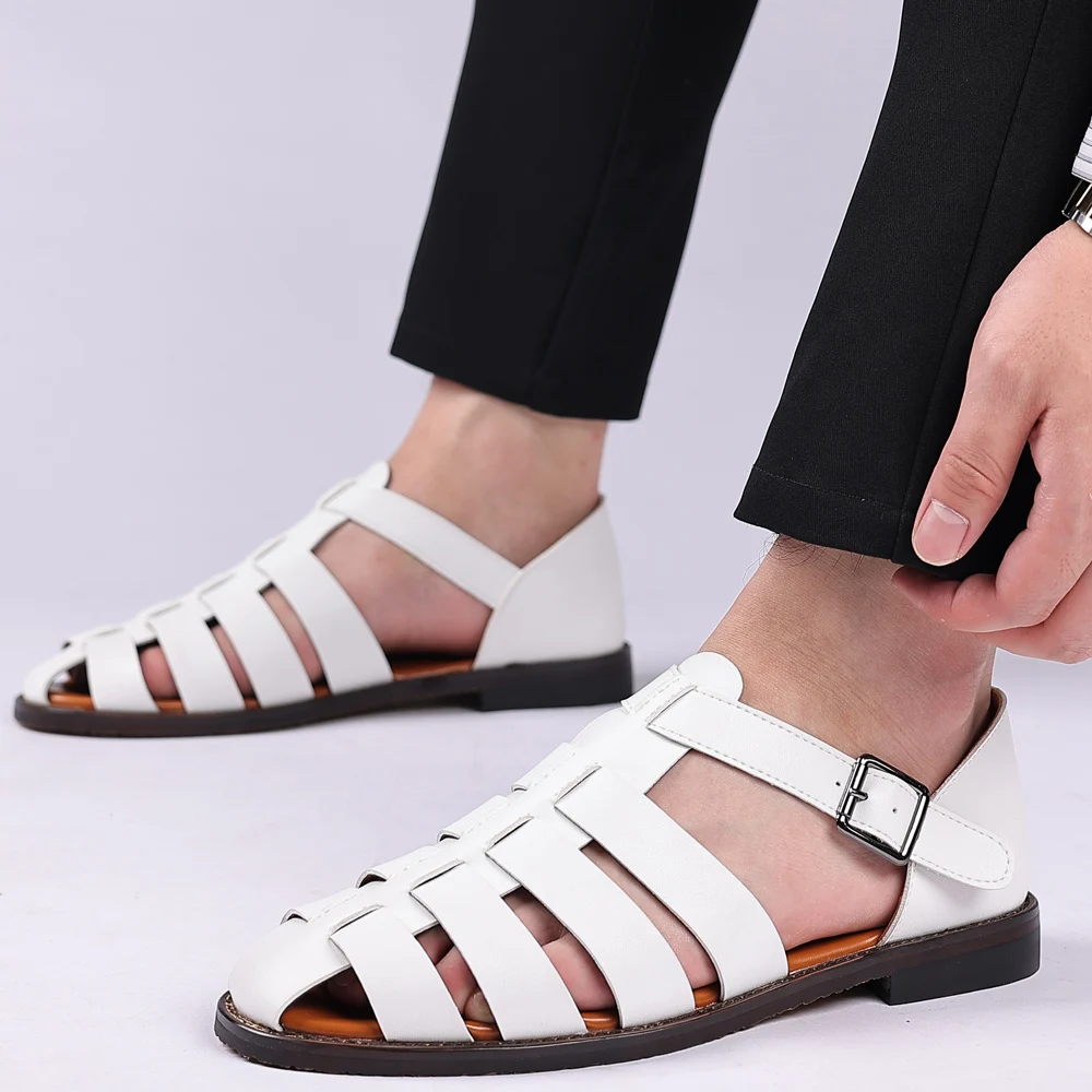 Genuine leather Sandals Italian Style Gladiatus Fashion Business Dress Sandals Handmade Leather shoes men sandals Big Size 38-48