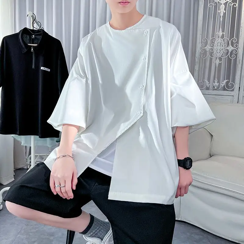 Solid Color Summer Korean Version Irregular Trend Korean Version Three Quarter Handsome Men\'s Clothing Thin Simplicity Shirts