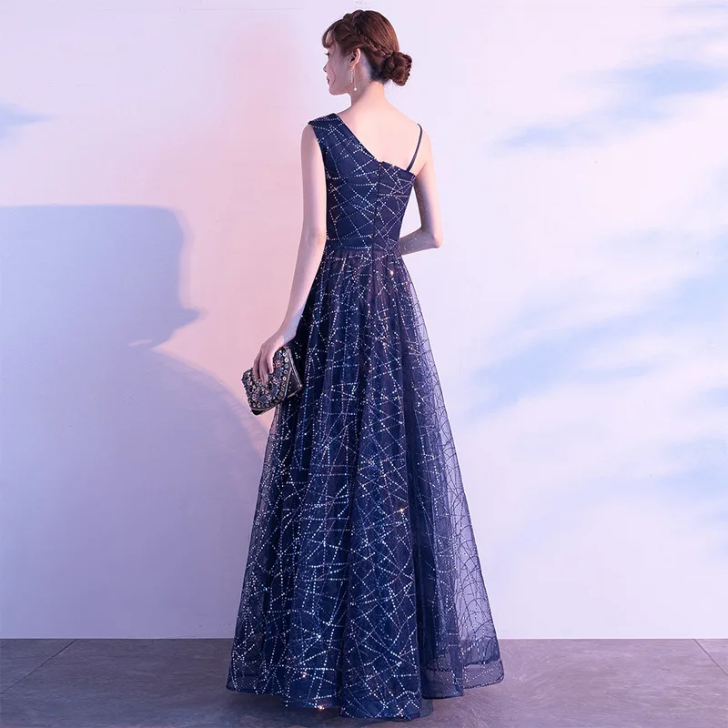 イブニングドレス女性のための新しいスタイル 2025 エレガントな星空グラデーションホステスパフォーマンス高貴な女性のドレスブルー夏