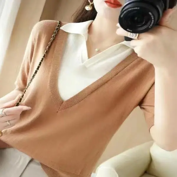 Summer New Short Sleeve Fake Two Piece Loose T Shirts Polo Neck All-match Solid Elegant Tops Tees Vintage Fashion Women Clothing