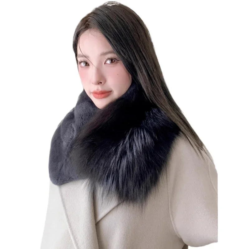 Rex rabbit fur whole leather with fox fur scarf real hair fashion big scarf women's magnetic buckle magnet warm fur collar