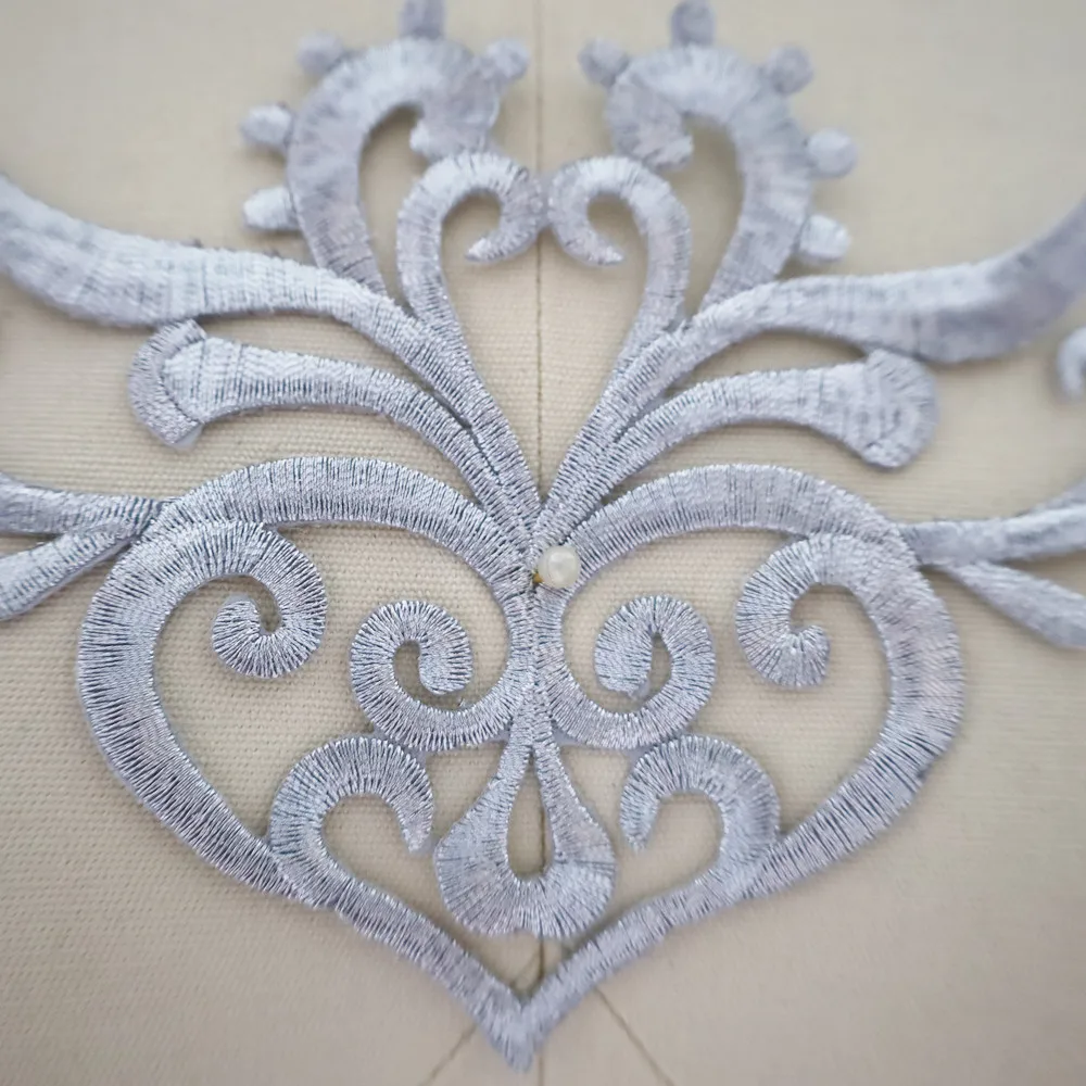 Silver Embroidery Baroque Flower Heart Appliques Bridal Gown Fabric Iron Sew On Patch For Wedding Clothes Dress Decor DIY Crafts