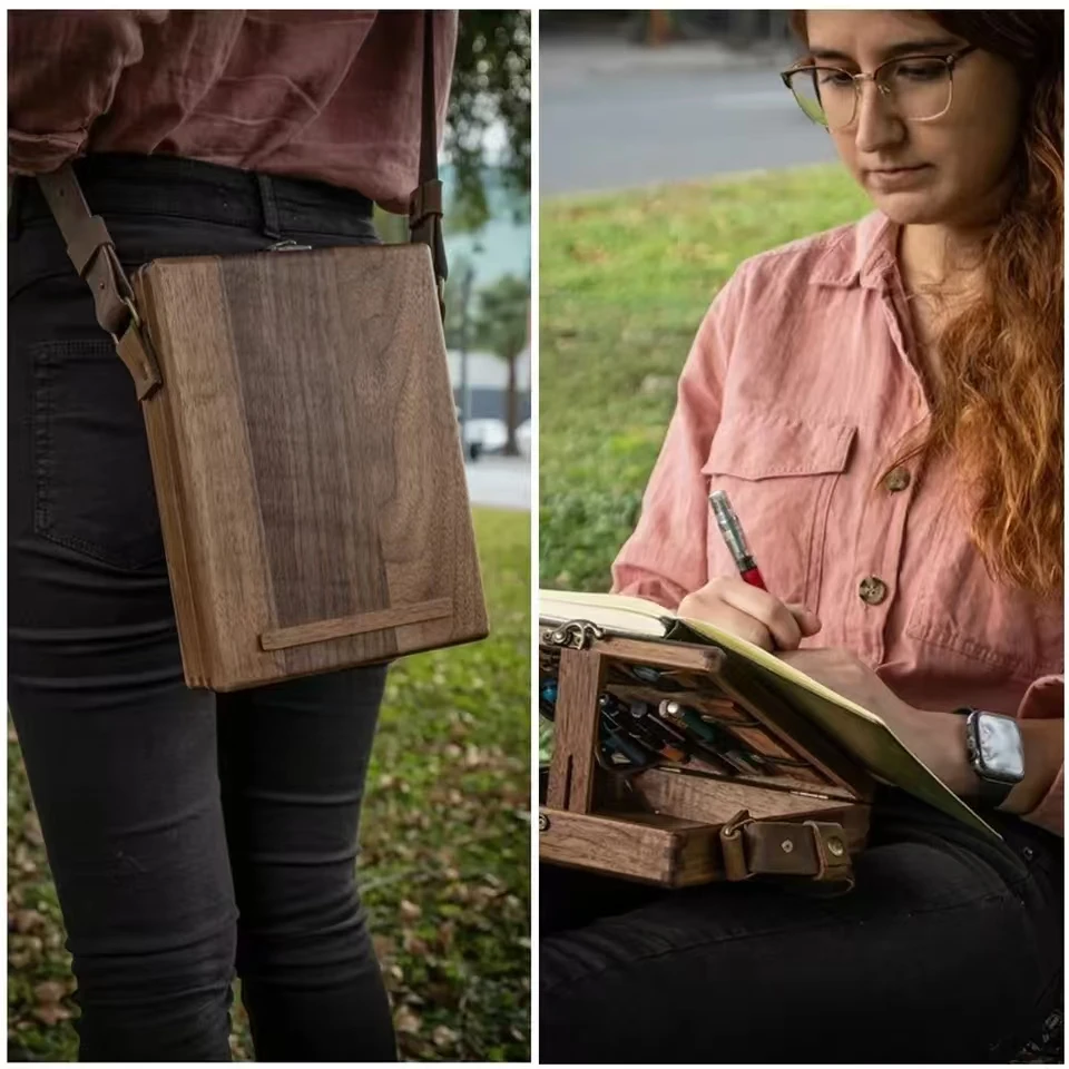 Writers Messenger Wood Box Multifunctional Artist Tool And Brush Storage Box Retro Wooden Handmade Portable Crossbody Brifcase