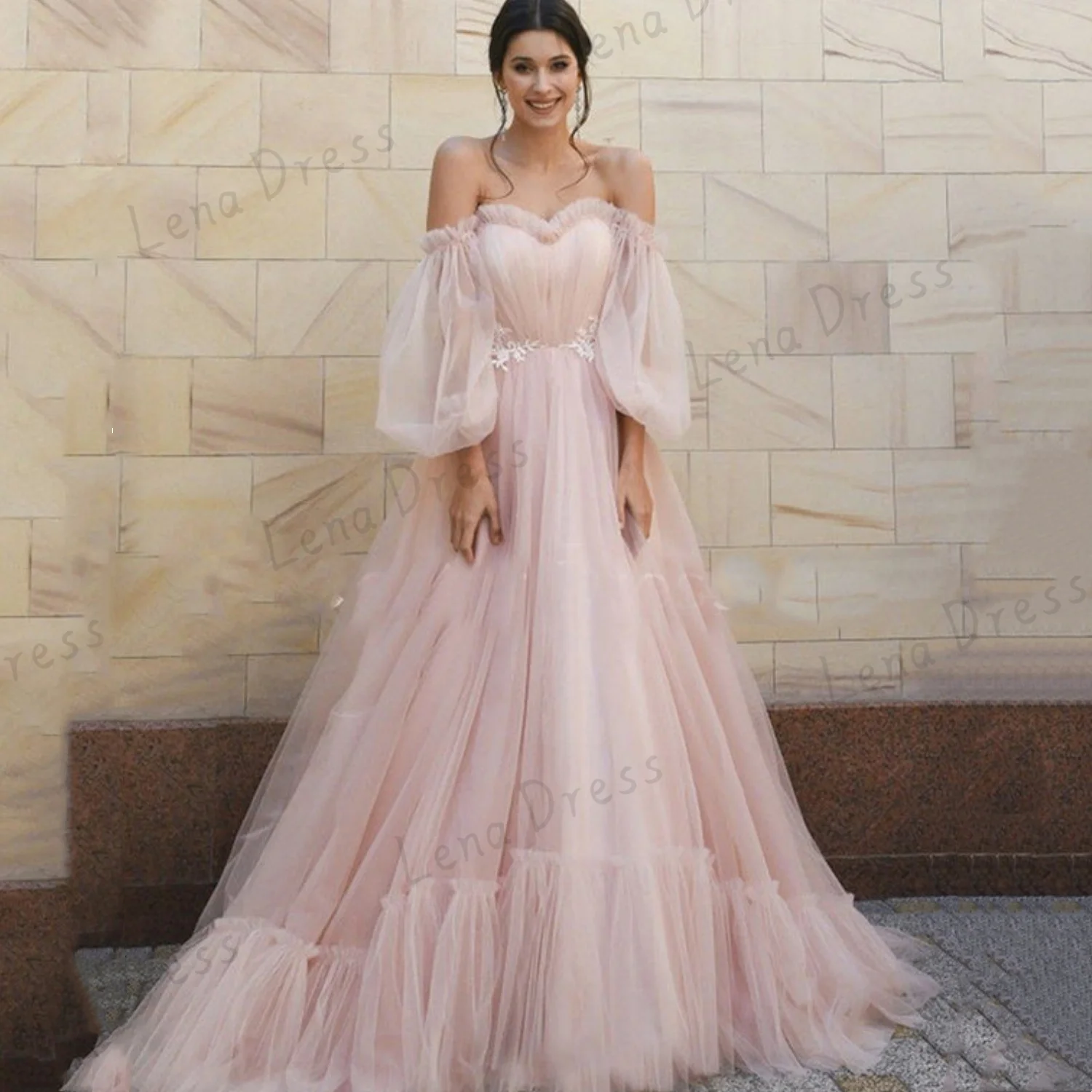 

Lena Line A Evening Dresses for Formal Occasions Long Sleeves Pink Gala Dresses 2024 Sweetheart Chiffon Wedding Party Dress Prom