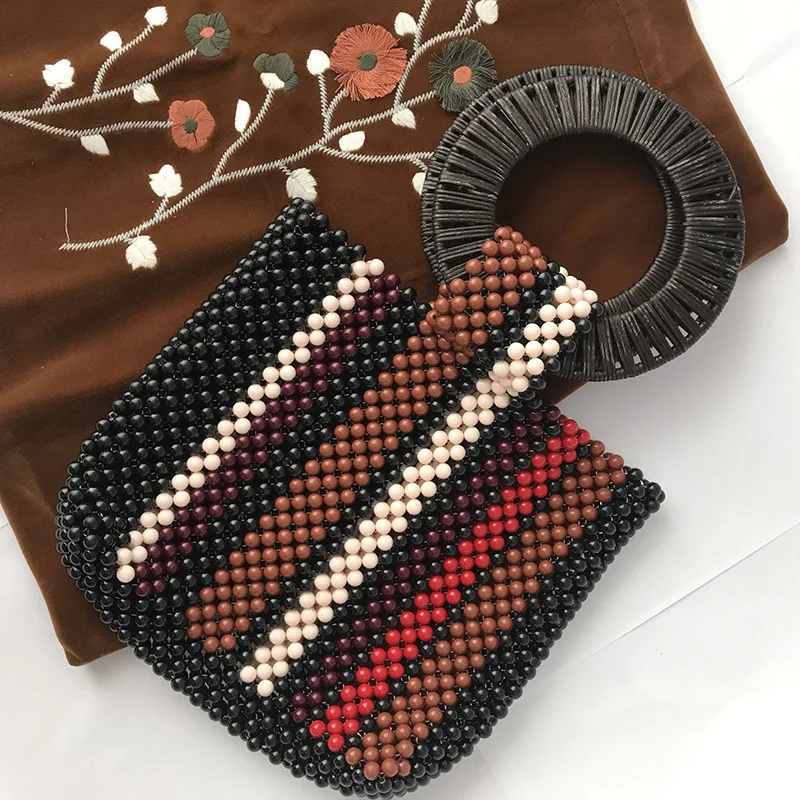 2026 Vintage Colored Beaded Handbags Handwoven Loop Handle Design Contrasting Color Hollow Out Women's Braided Bag