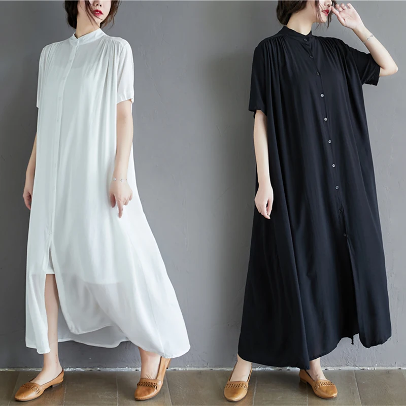 

plus Size Loose Fit Pure Color Silk Cotton Dr Women's plus Size Extra Large Loose Mid-Length irt Dr Artistic Sle