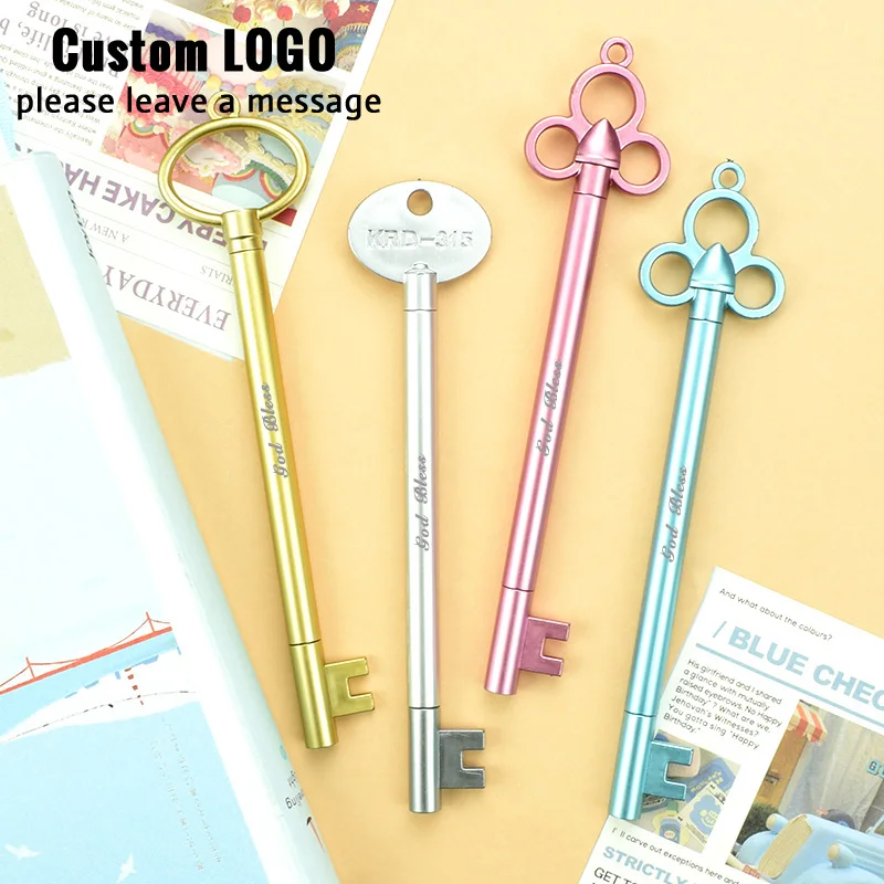 4pcs Laser Customized LOGO Signature Pen Retro Key Styling Gel Pen Wedding Souvenir Gift School Office Supplies Stationery Pens