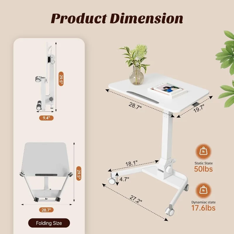 Foldable Mobile Standing Desk, 90° Tiltable Rolling Standing Desk, Height Adjustable Portable Laptop Desk on Wheels,