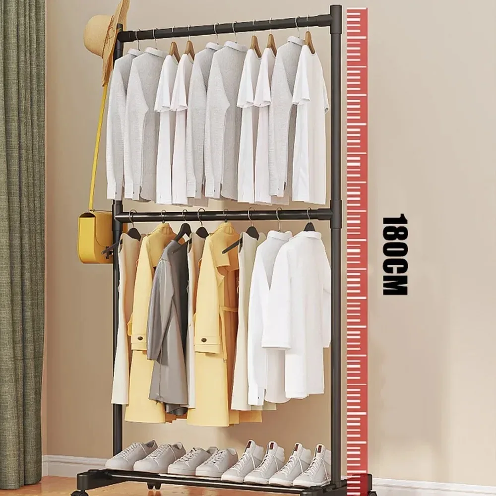 Double-pole Coat Rack Floor Standing Clothes Hangers Iron Modern Bedroom Floor Standing Hanger Minimalism Storage Coats Racks