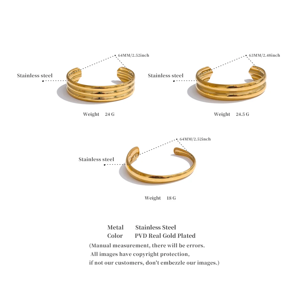Yhpup 18K pozłacana stal nierdzewna gładka metalowa warstwowa bransoletka mankietowa bransoletka wodoodporna tekstura minimalistyczna biżuteria