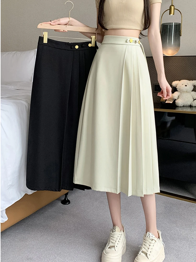 أنيقة البيج الأسود مطوي تنورة امرأة الربيع الصيف عالية الخصر خمر مكتب ارتداء دعوى التنانير الطويلة القوس ضمادة Falda Plisada