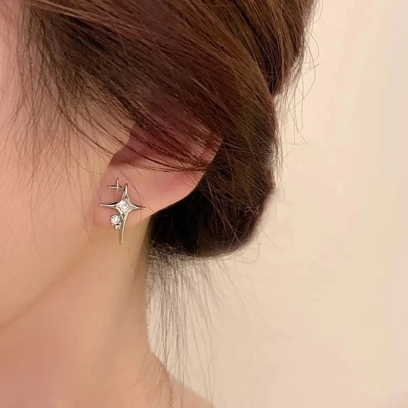 2023 Fashion Silver Color Cross Star Zircon Stud Earrings for Women Girl Korean Four-Pointed Star Personality Earrings Jewellery