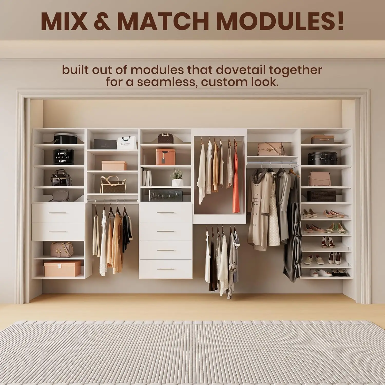 نظام خزانة ملابس معياري، رف أحذية بطول 25.5 قدم، منظم خزانة مثبت على الحائط، برج خشبي لخزائن الملابس الكبيرة