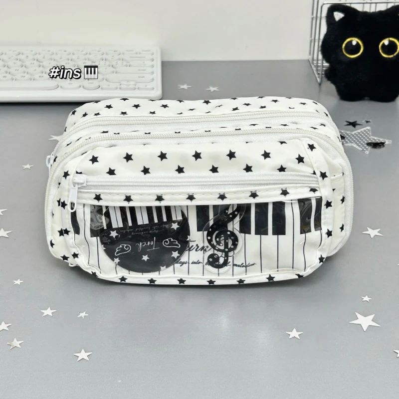 Kawaii Piano Keyboard Makeup Bag Star Print Case Multi Layers Flip Pen Bag Oxford Cloth Student  Organizer Back To School Gift