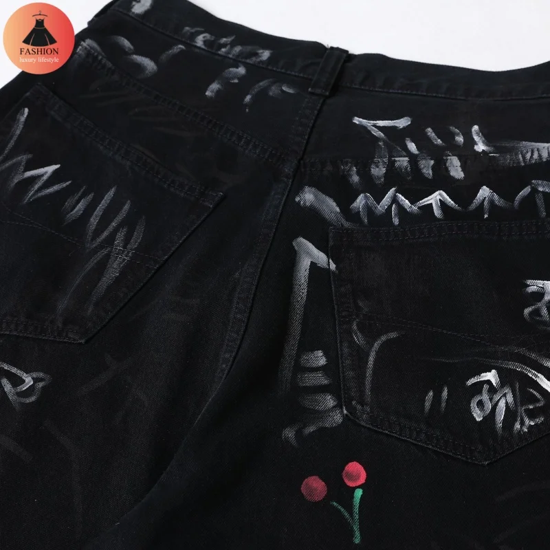 24ss High-end nieuwe Parijs-stijl High Street hiphop graffiti jeans wassen losse breedte wijde pijpen lange broek rechte benen