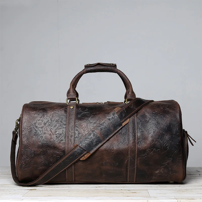 Vintage Embossed Tote High-Capacity Leather For A Short Trip Baotou Leather Belt Shoe Compartment Clothes Duffel Bag Gym Bag