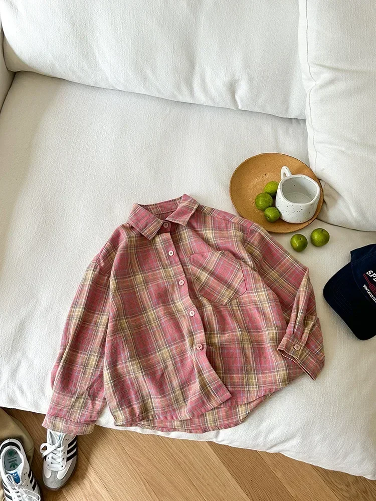 Girls Shirts 2024 Autumn New Childrens Clothing Korean Style Baby Girl Foreign Style Thin Pink Lapel Plaid Shirt Casual Simple