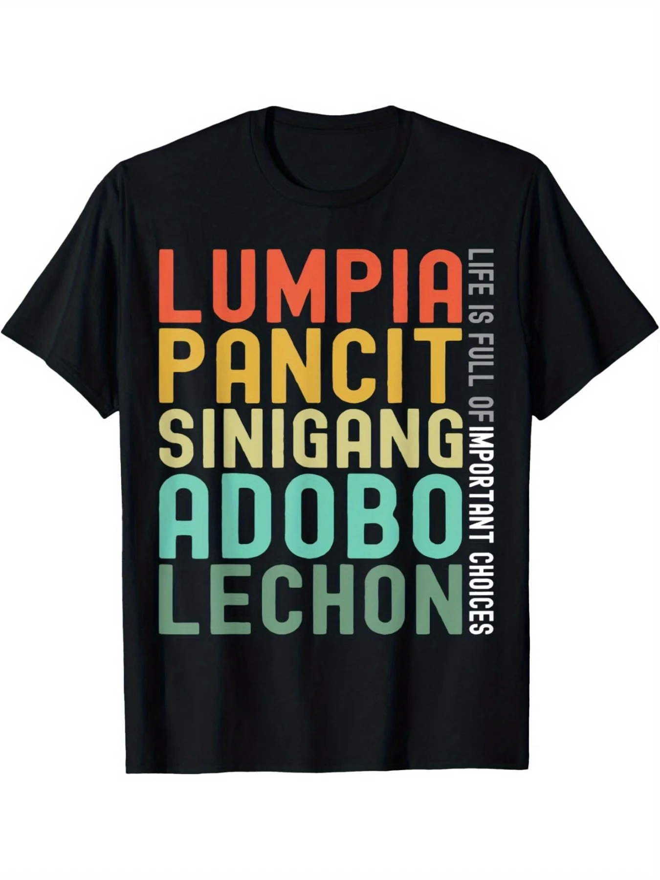 Camiseta Gráfica Casual para Hombre con Diseño de Cocina Filipina - Estampado Colorido de "Pancito Singingang Adobo Lechon", Tejido de Punto, Cuello Redondo
