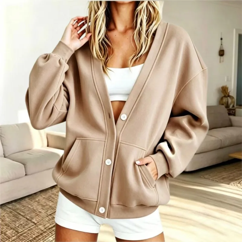 Autumn Winter Simple Hoodie Pocket Sweatshirt V-Neck Long-Sleeved Button Cardigan For Women Versatile Loose Jacket Sports Coat
