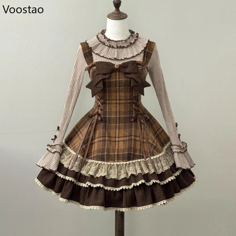 اليابانية لطيف لوليتا نمط 3 قطعة مجموعة المرأة الحلو مقوس دانتيل بيتر بان طوق عباءة علوية منقوشة فستان قصير الكورية Harajuku Y2k البدلة