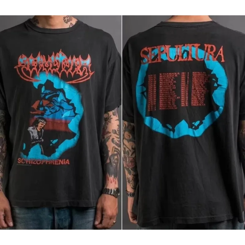 Men's and Women's T-shirt Summer Casual Short Sleeve Shirt 1990 Sepultura Schizophrenia Journey 2-Side Retro