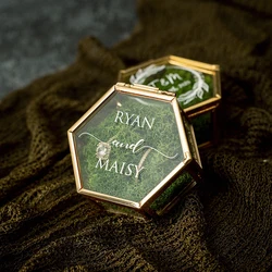 Personalized Hexagon Glass Ring Box with Moss Wedding Gold Ring Bearer Box Modern Geometrical Clear Jewelry Storage Box